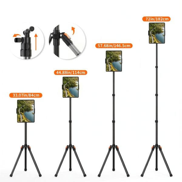 XXZU 72in Tablet Tripod Stand Black-Orange 3‑Level Angle Lock-4