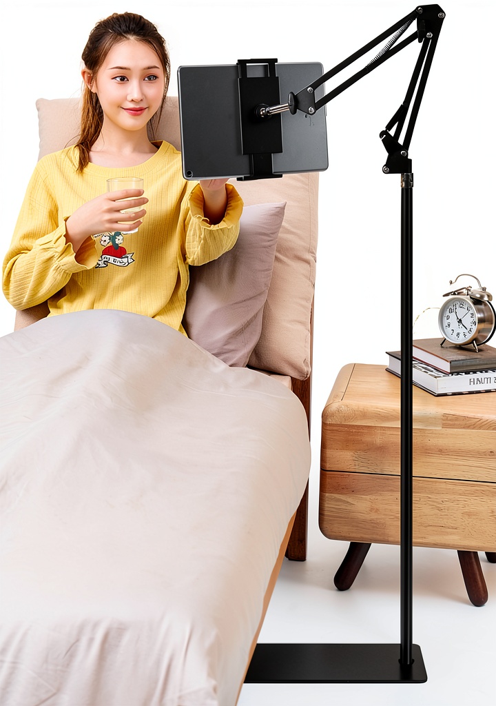 Tablet floor stand installed beside a sofa for hands‑free viewing