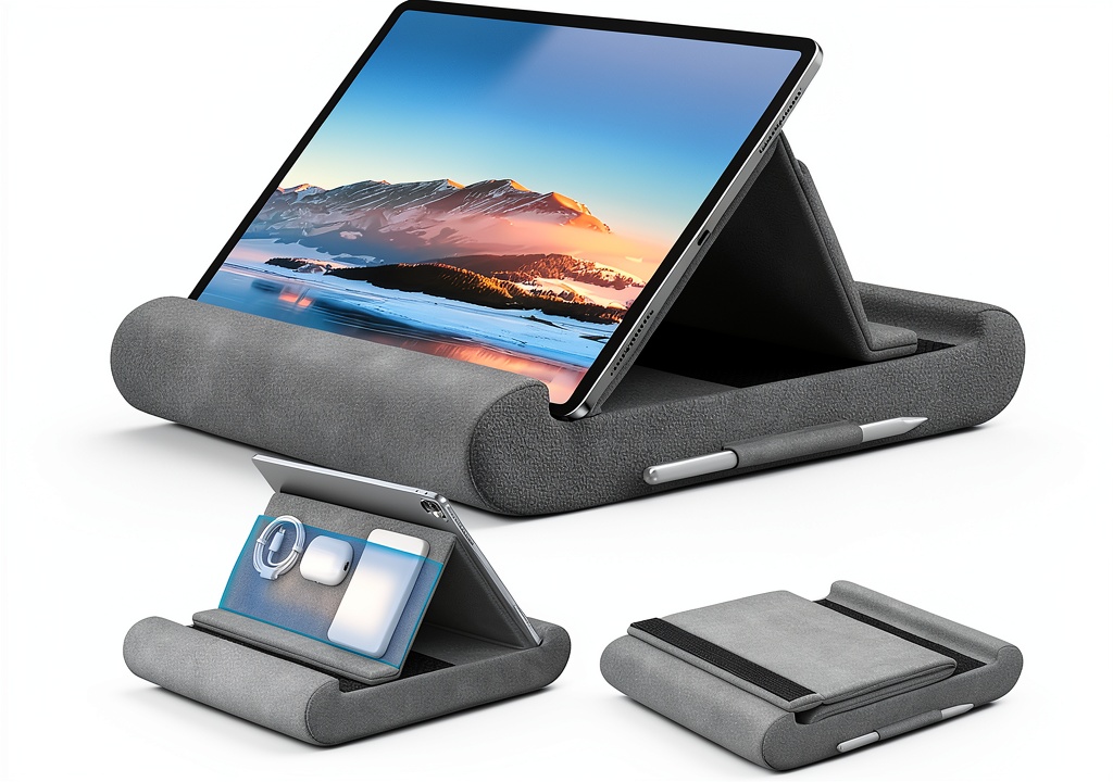 Tablet stand on a sofa with a tablet and accessories