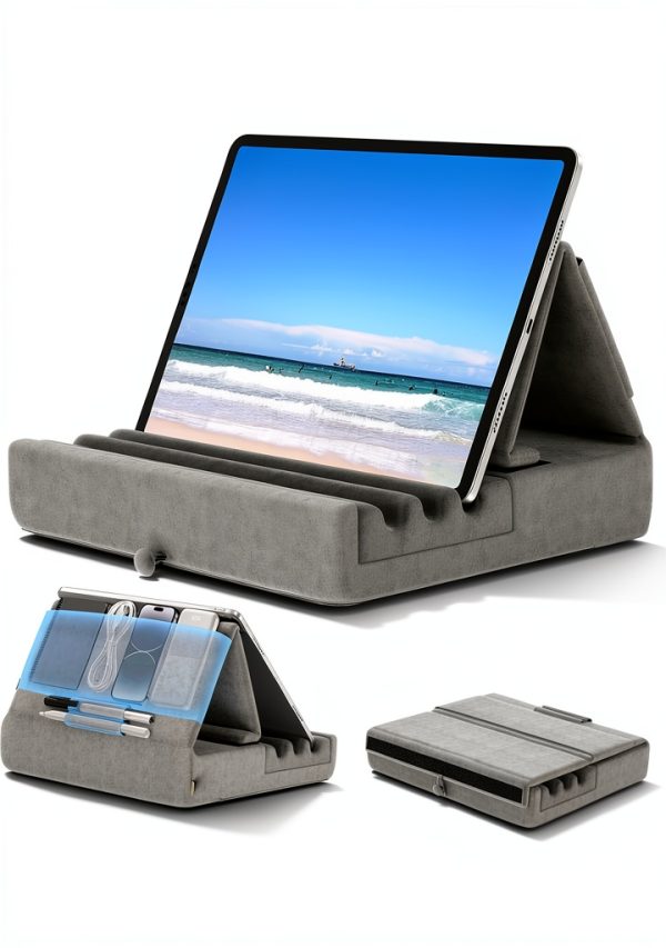 KDD Tablet Pillow Stand Foldable Lap Holder with Storage Pockets Grey-0