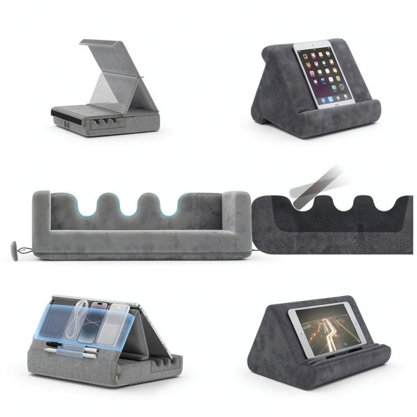 KDD Tablet Pillow Stand Foldable Lap Holder with Storage Pockets Grey-3