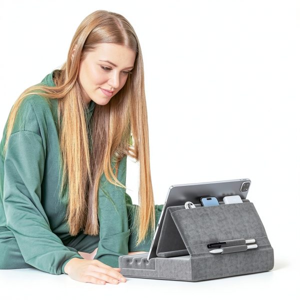KDD Tablet Pillow Stand Foldable Lap Holder with Storage Pockets Grey-2