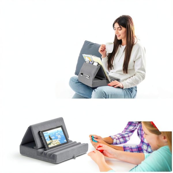 KDD Tablet Pillow Stand Foldable Lap Holder with Storage Pockets Grey-7