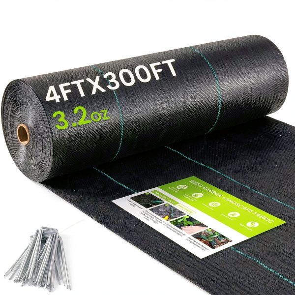 Weed Barrier Fabric, 4x300ft Landscape Fabric, 3.2oz Heavy Duty Durable Woven Geotextile Fabric, High Permeability Ground Cover Mat, Driveway Fabric, Garden Weed Control Cloth with 20 U-Securing Pegs-0